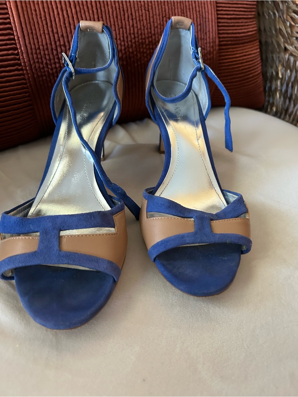 Calvin Klein Blue and Tan Open-Toe Ankle-Strap Heels